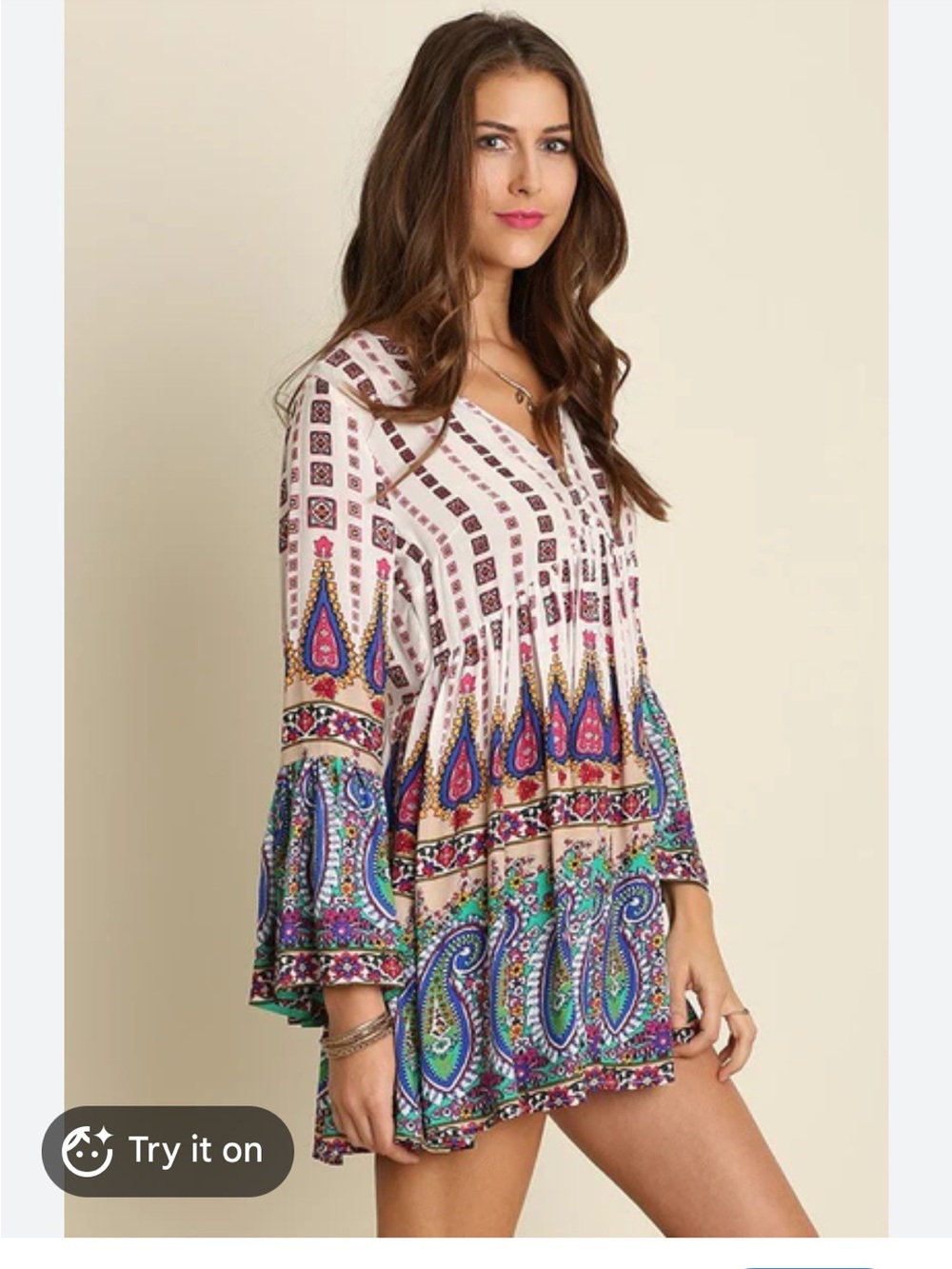 Umgee White Multicolor Boho Peasant Tunic with Paisley Accents